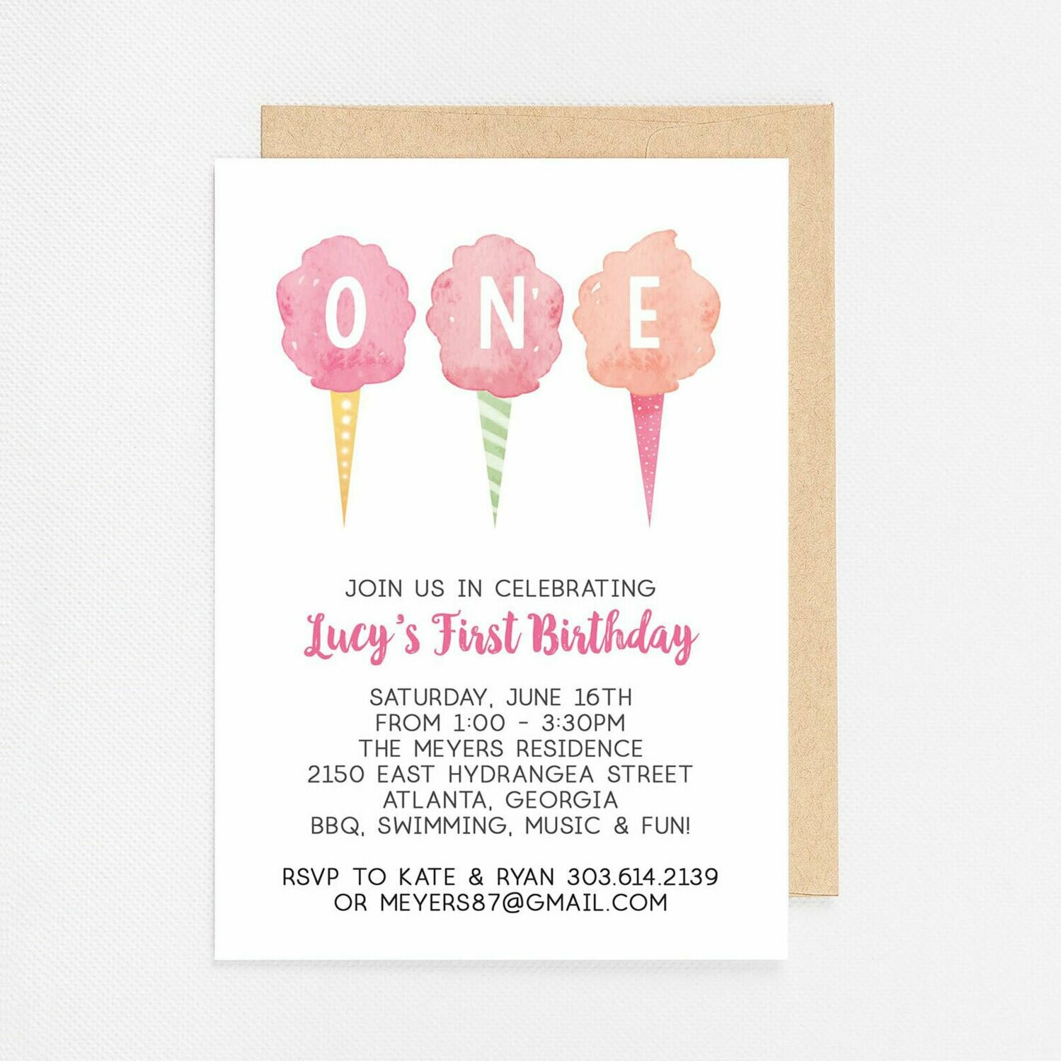 Cotton Candy First Birthday Invitation - Digital or Printed