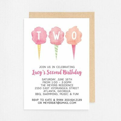 Cotton Candy Second Birthday Invitation - Digital or Printed