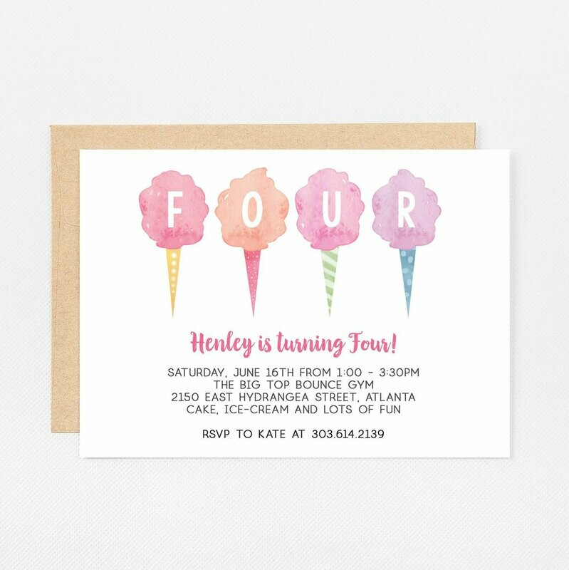 Cotton Candy Fourth Birthday Invitation - Digital or Printed