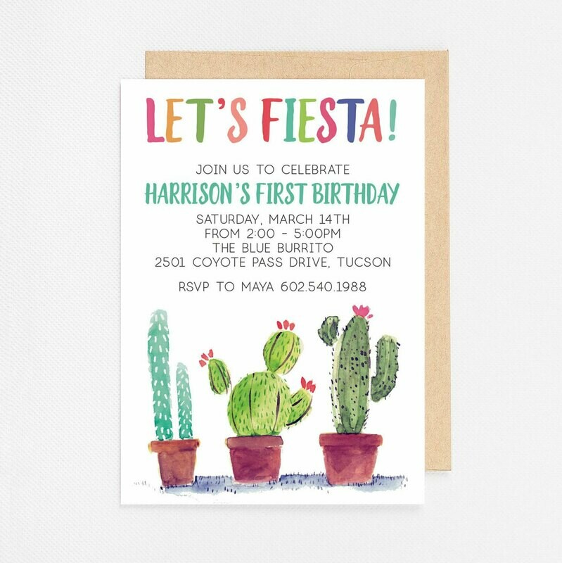 Watercolor Cactus Fiesta Invitation - Digital or Printed
