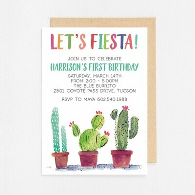 Watercolor Cactus Fiesta Invitation - Digital or Printed