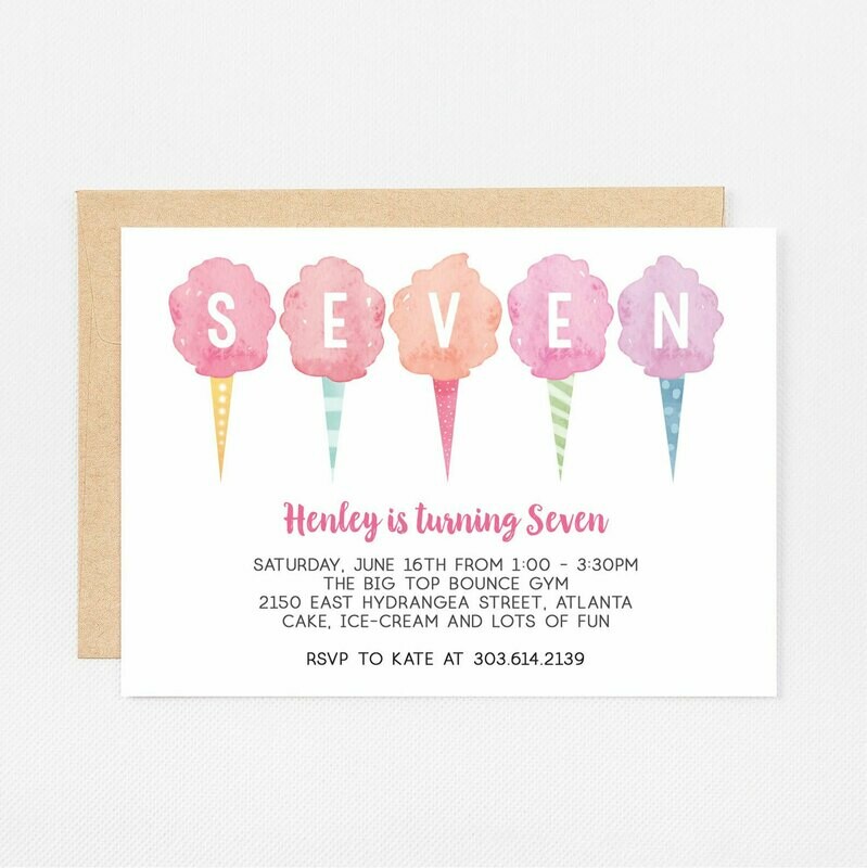 Cotton Candy Seventh Birthday Invitation - Digital or Printed