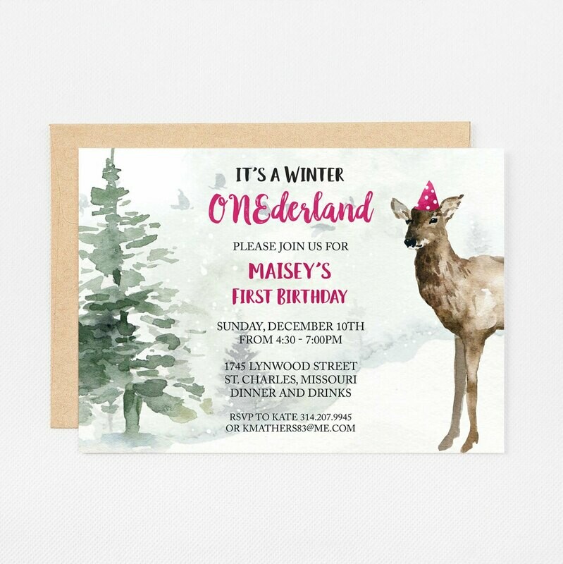 Deer Winter Wonderland Pink Invitation - Digital or Printed