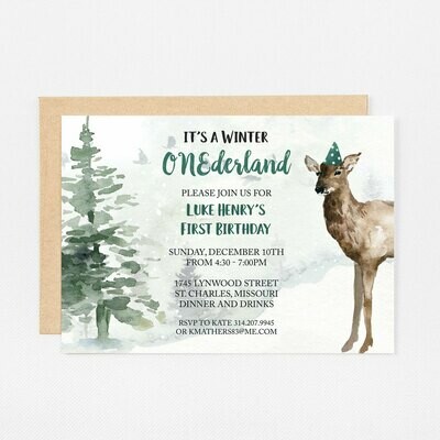 Deer Winter Wonderland Green Invitation - Digital or Printed