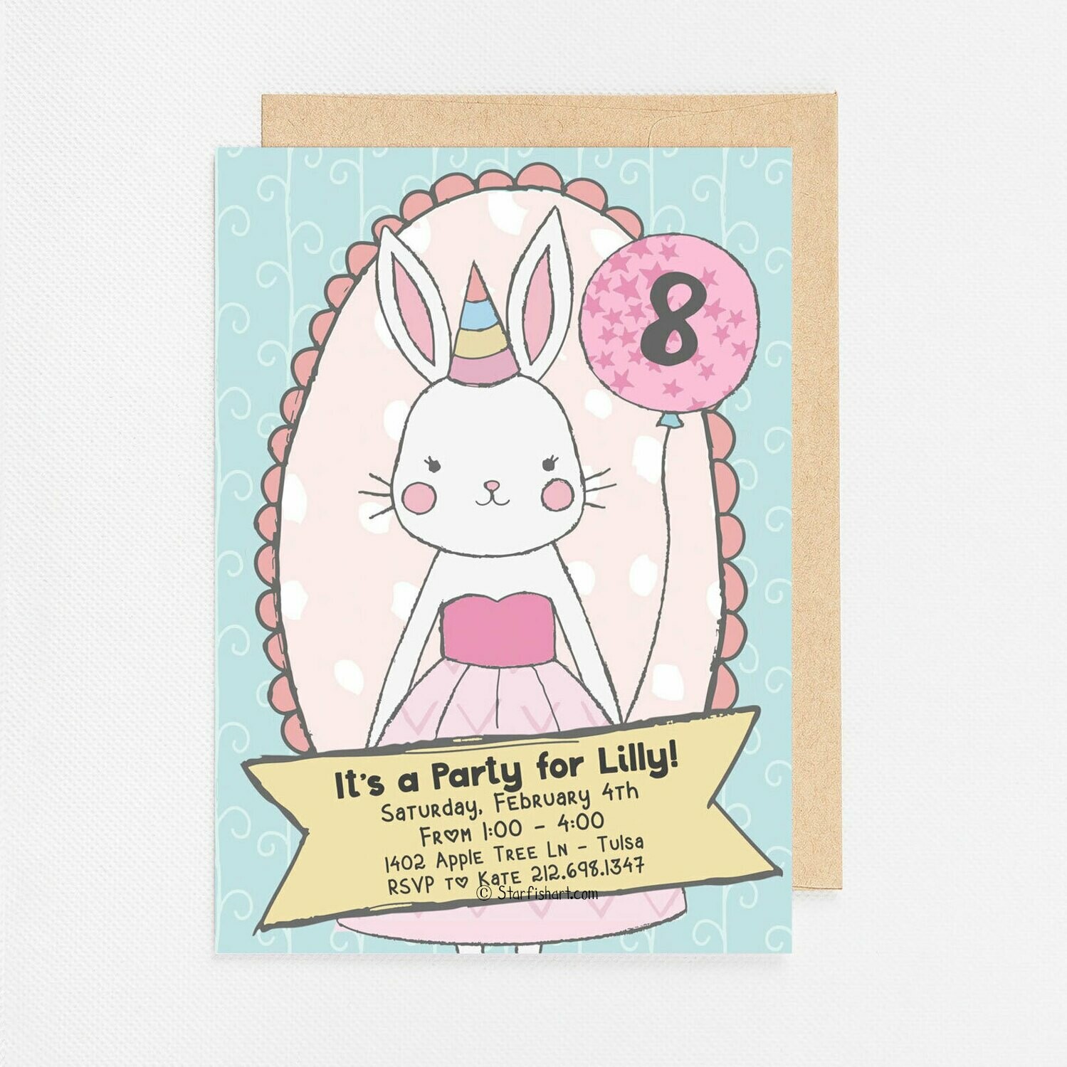 Pink Bunny with Balloon Invitation - Digital or Printed