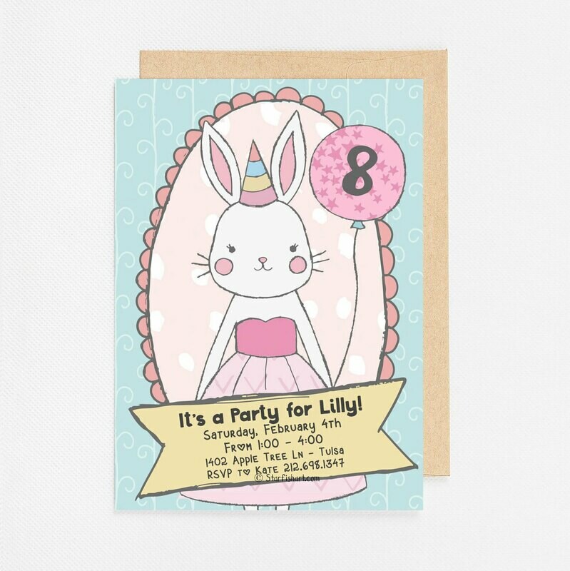 Pink Bunny with Balloon Invitation - Digital or Printed