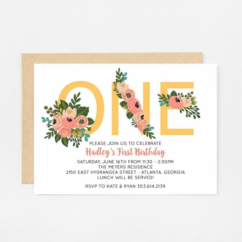 Floral One First Birthday Invitation - Digital or Printed