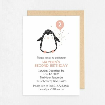 Pink Penguin with Balloon Invitation - Digital or Printed