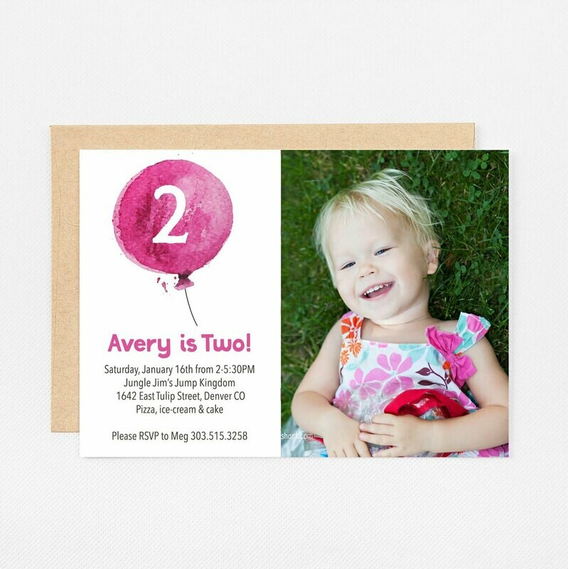 Pink Balloon Birthday Photo Invitation - Digital or Printed