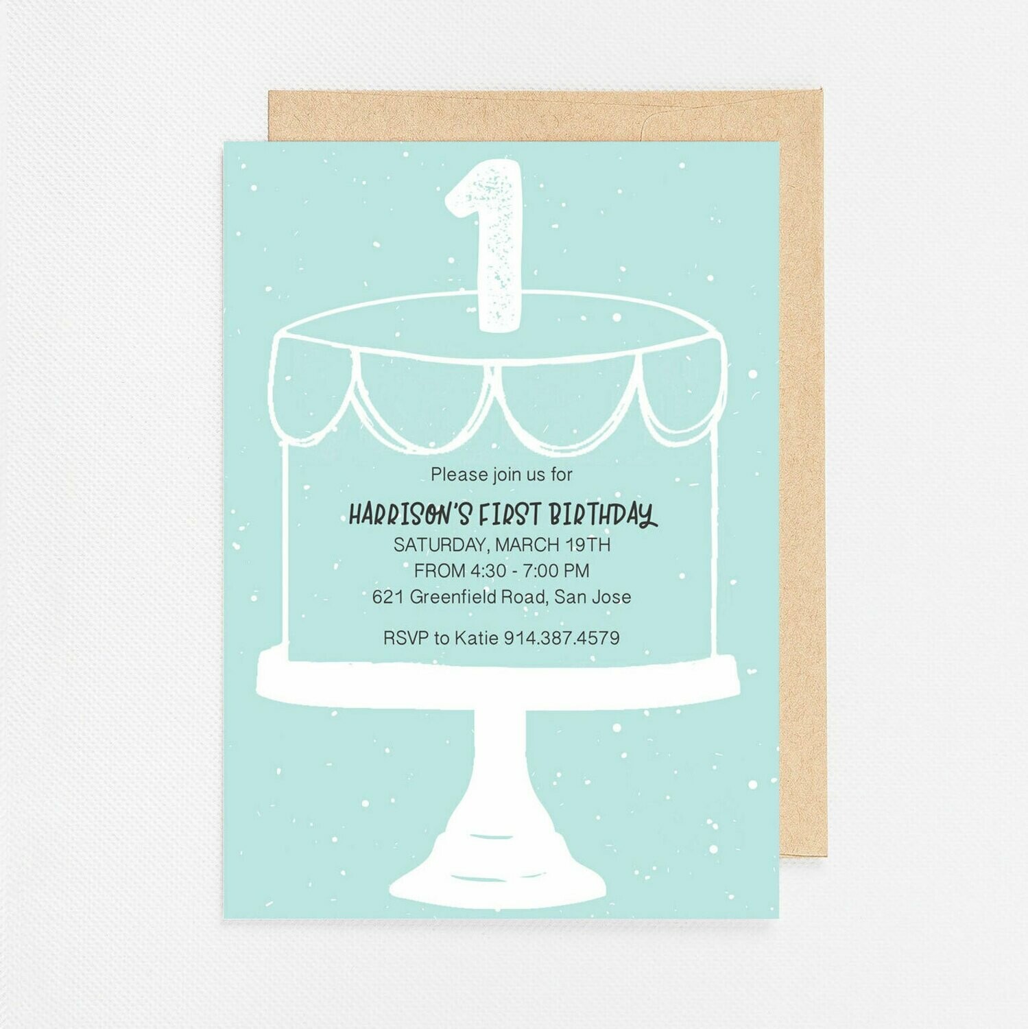 First Birthday Blue Cake Invitation - Digital or Printed