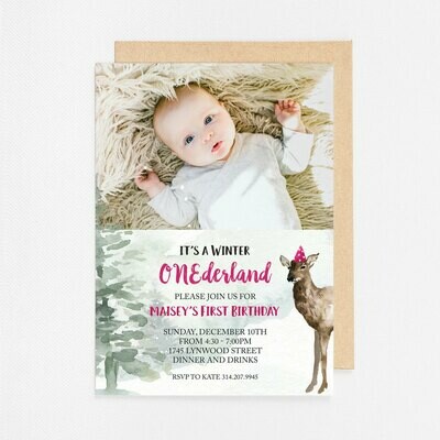 First Birthday Winter ONEderful Pink Photo Invitation - Digital or Printed