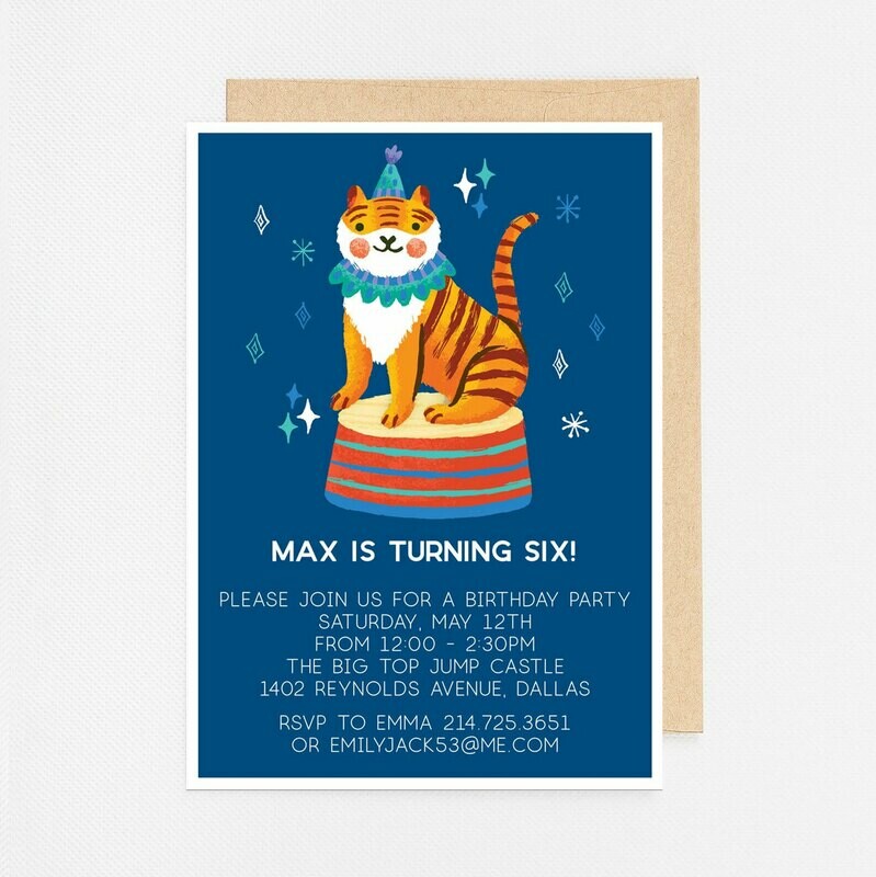 Circus Tiger Blue Invitation - Digital or Printed