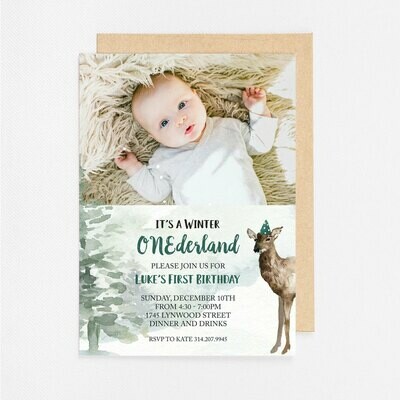 First Birthday Winter ONEderful Green Photo Invitation - Digital or Printed