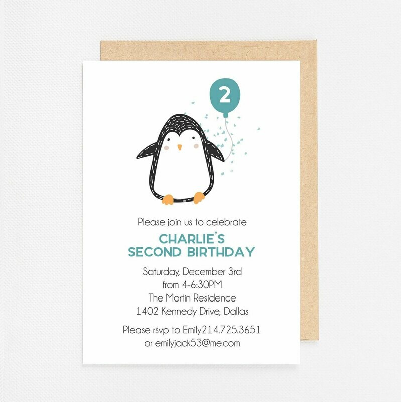 Blue Penguin with Balloon Invitation - Digital or Printed