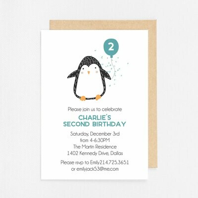 Blue Penguin with Balloon Invitation - Digital or Printed