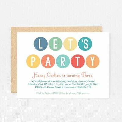 Let's Party Dots Blue Invitation - Digital or Printed
