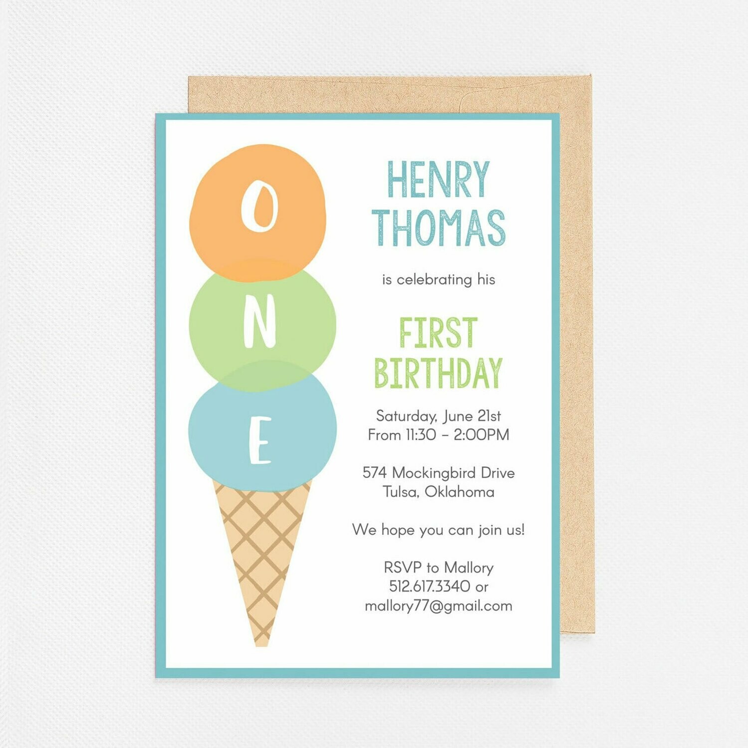 Ice Cream ONE blue Invitation - Digital or Printed