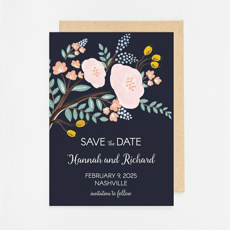 Navy Floral Branch Invitation - Digital or Printed