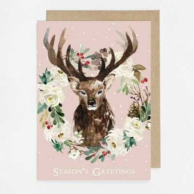 Pink Winter Deer Watercolor Christmas Card with inside text