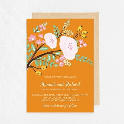 Tangerine Floral Branch Invitation - Digital or Printed
