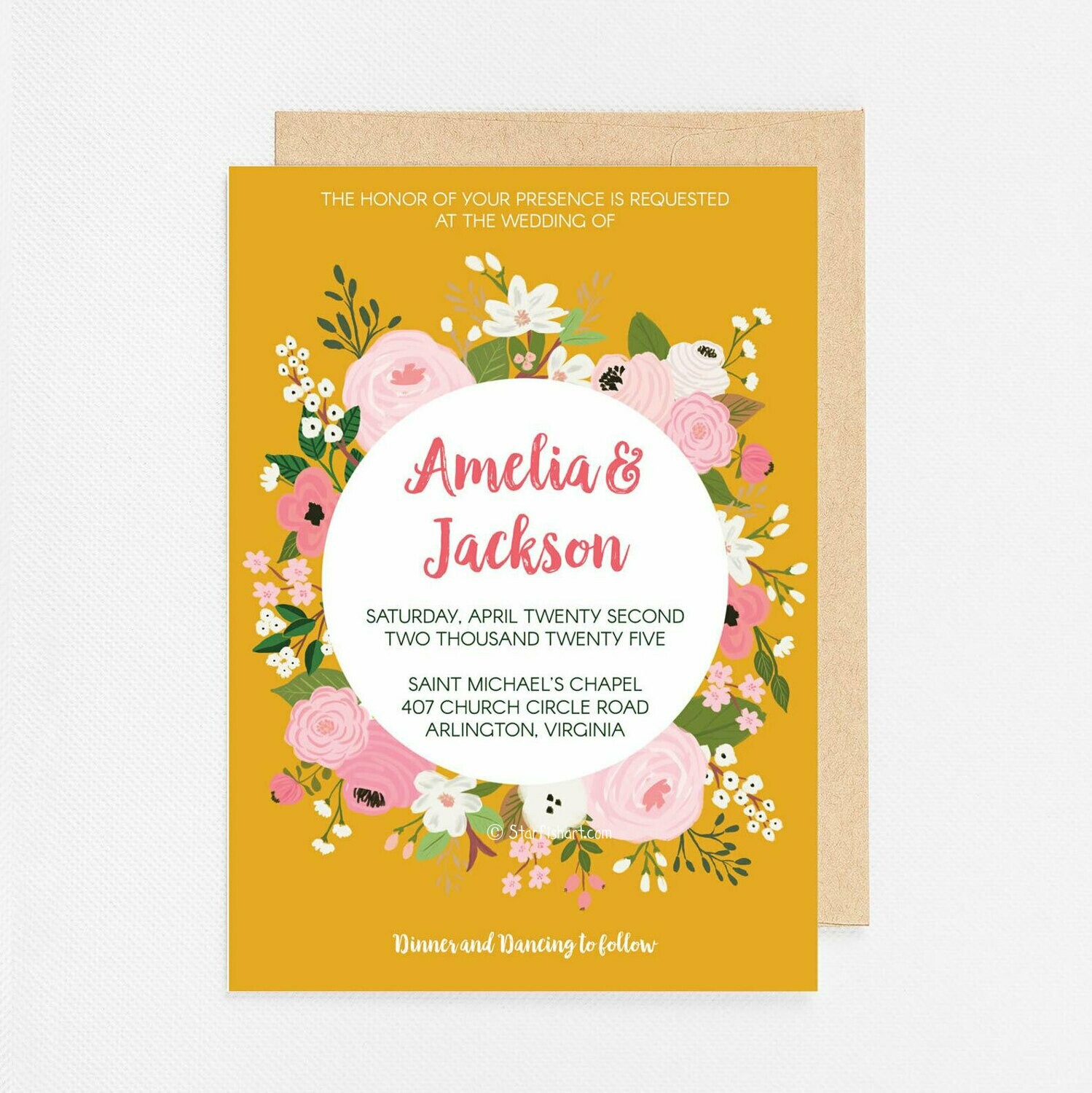 Gold Floral Circle Invitation - Digital or Printed