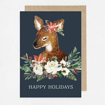 Sweet Winter Deer Watercolor Christmas Card with inside text