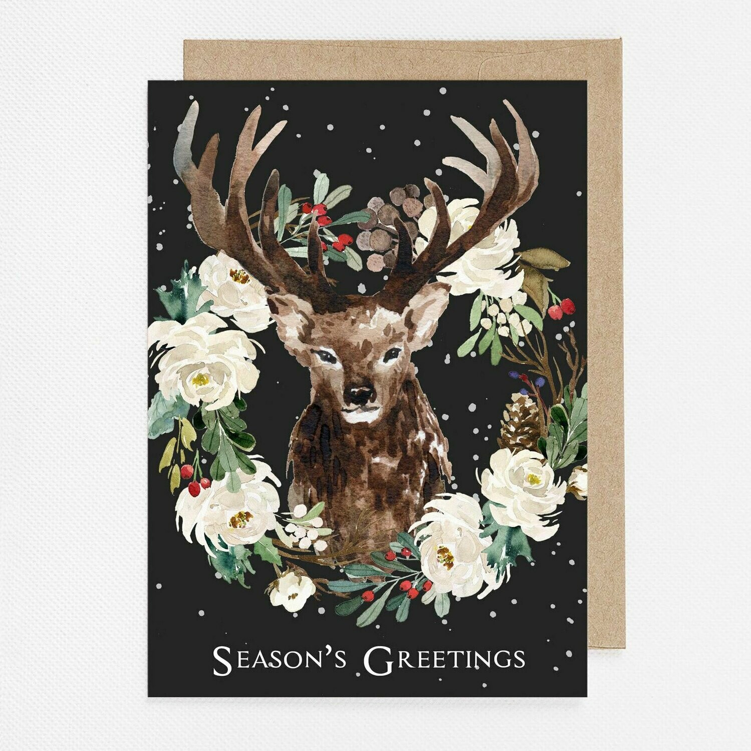 Charcoal Winter Deer Watercolor Christmas Card with inside text
