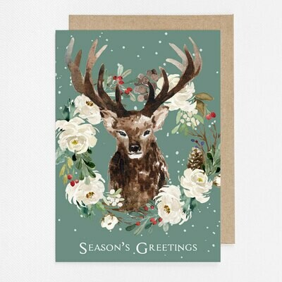 Green Winter Deer Watercolor Christmas Card with inside text
