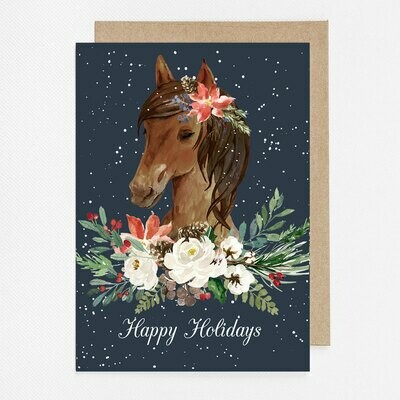 Sweet Winter Horse Watercolor Christmas Card with inside text