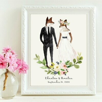 Wedding Fox Couple Personalized Art Print