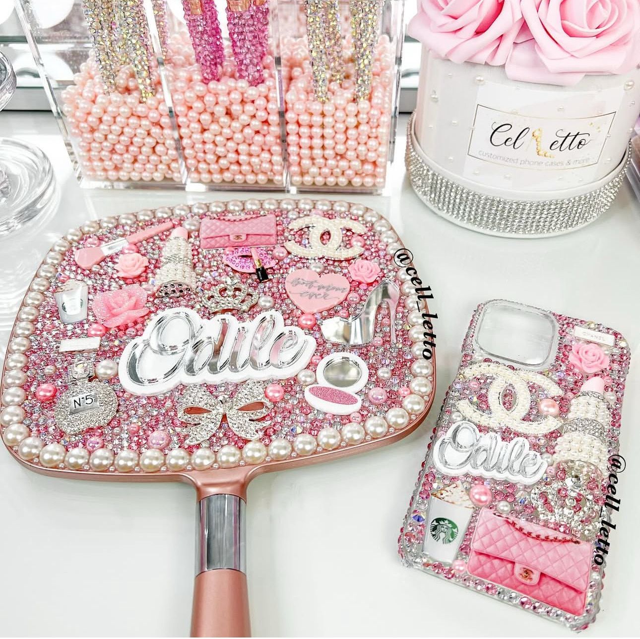 "Luxury Trio" (Phone Case + Large Hand Mirror + Hair Brush)