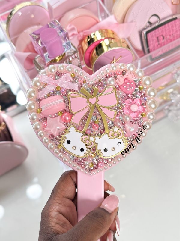 Coquette Cherry Kitty Heart Hand Mirror
