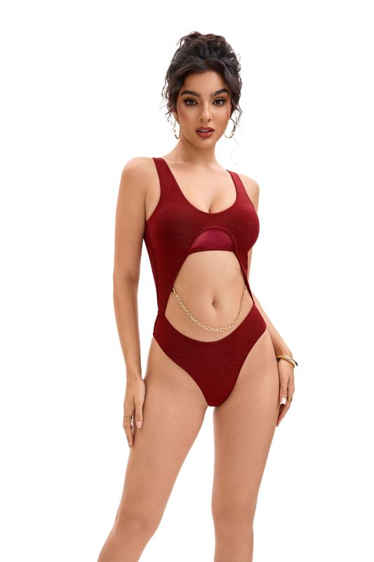 Cherry Red Glitter Bodysuit with Chain