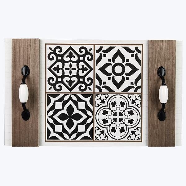 WOOD BLACK AND WHITE SERVING TRAY WITH METAL/PORCELAIN HANDLE