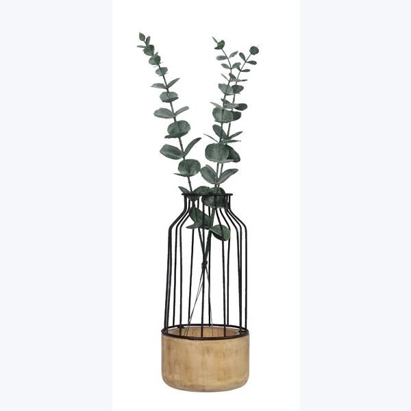 WOOD BASE WITH WIRE VASE WITH ARTIFICIAL PLANT