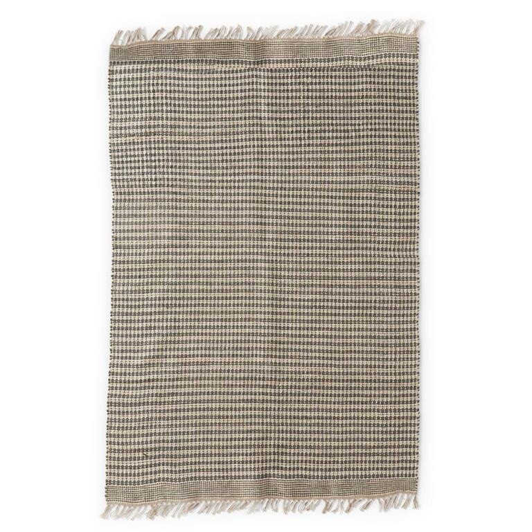 Tan &amp; Black jute Shuttle Handwoven Rug w/ Fringe