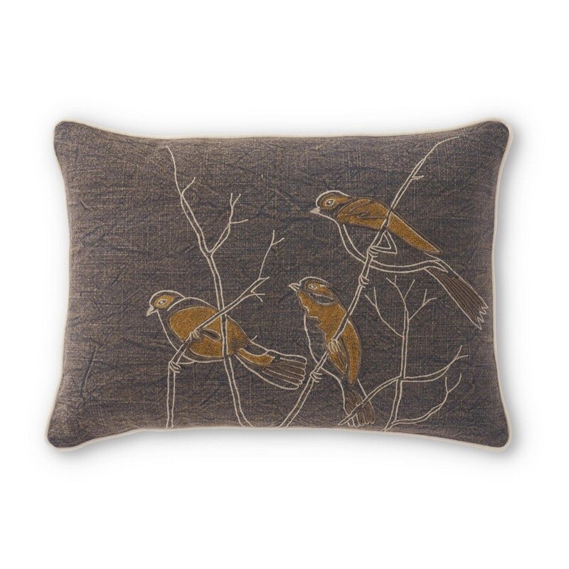 Gray Pilow w 3 Embroidered Birds 20"