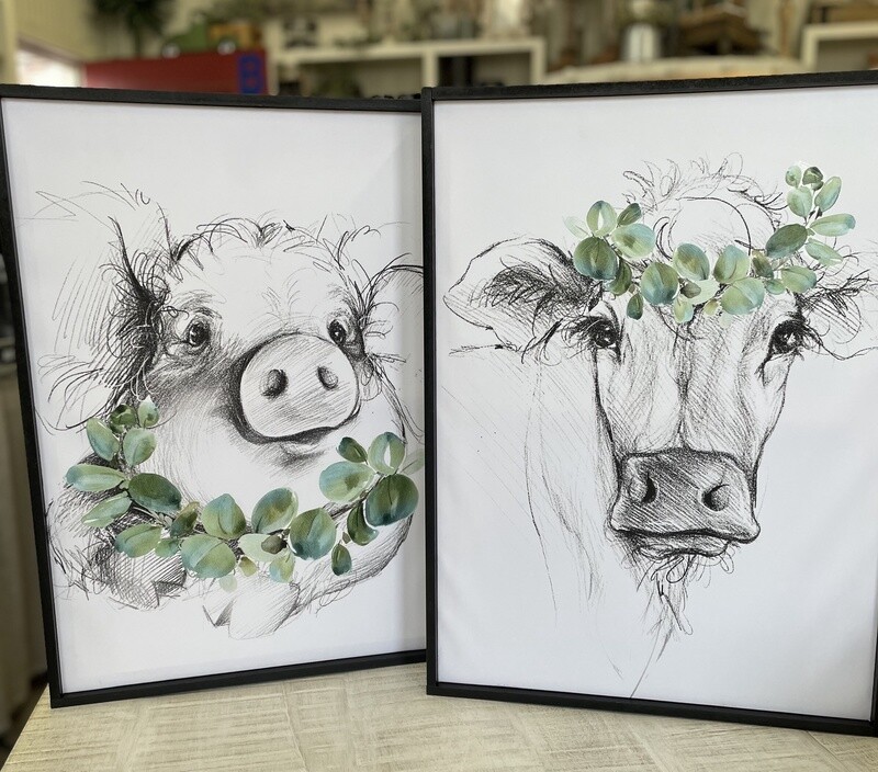 Wood Framed Wall Art Acrylic Paint Cow Pig