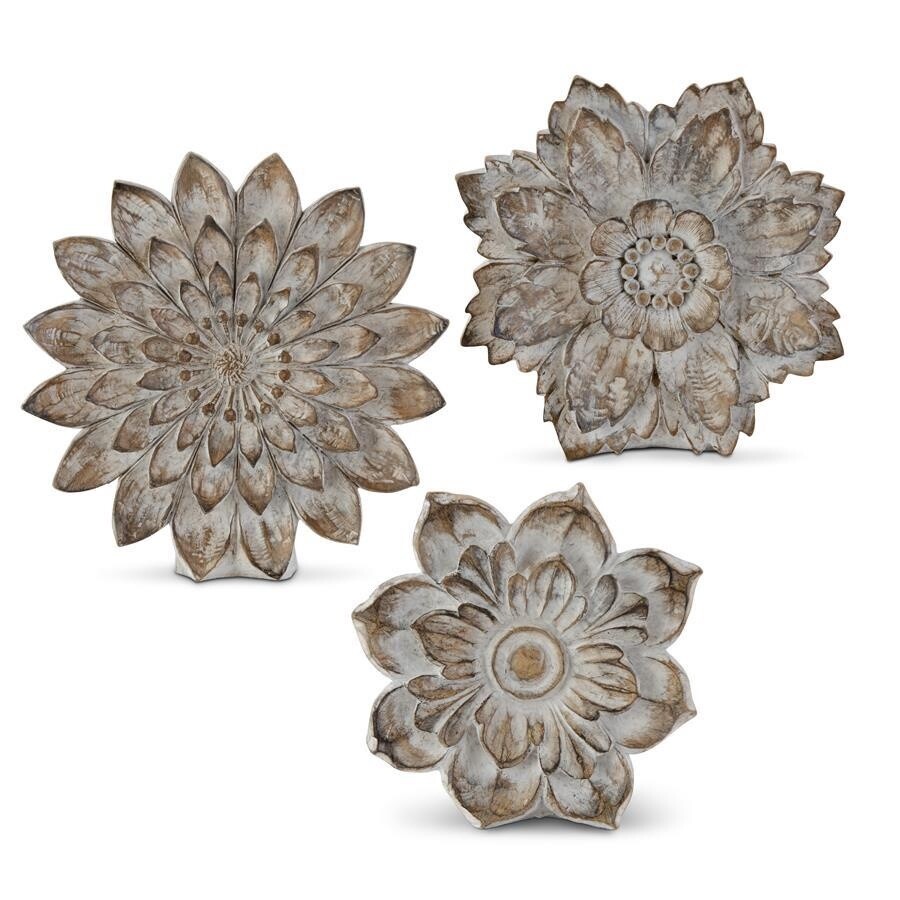 Whitewashed Carved Resin Tabletop Flowers-Med