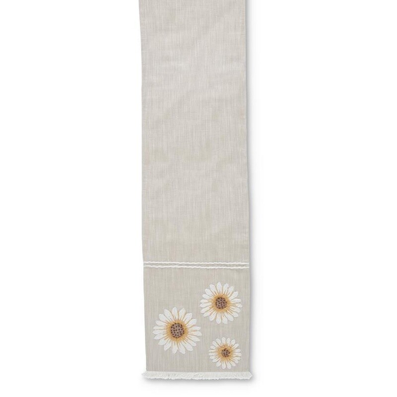 72" Tan Linen Table Runner w/ Embroidered Sunflowers