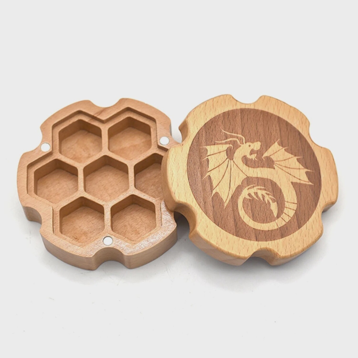 Beech  Wood Dice Box (hexagonal) with Dragon