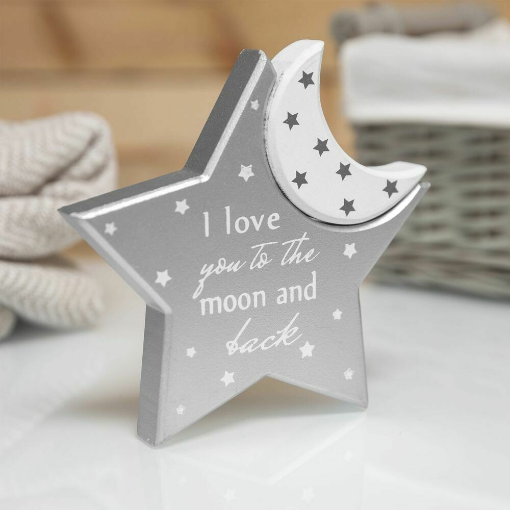 Twinkle Twinkle Silver Wooden Moon &amp; Star Baby Mantel Plaque