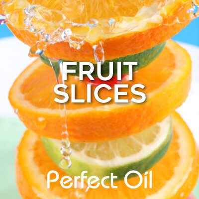 Picture showing alternating slices of orange and lime; three slices of the orange and two of the lime, with water splashing off the top slice of orange with the words fruit slices and Perfect Oil in white on top of the image itself. 