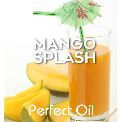 Picture showing a glass of mango juice on the right with a green bent straw in it with a green umbrella with red and green flowers on it. to the left of the glass are three mango slices and a larger chunk of mango with the words mango splash and Perfect Oil in white on top of the image itself. 