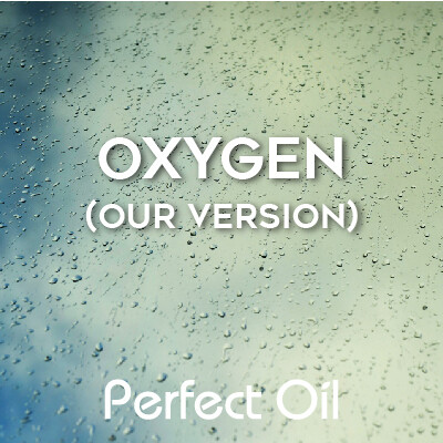 Picture showing droplets on a screen looking at a cloudy sky with the words oxygen (our version) and Perfect Oil in white on top of the image itself. 