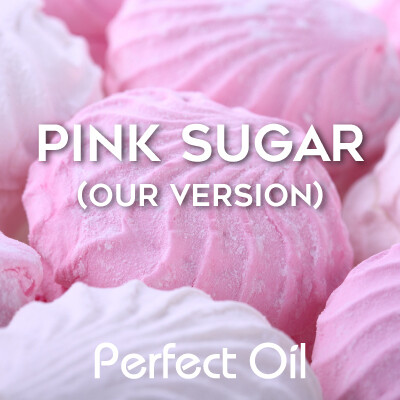 Picture showing several pink and white puffy sugar cookies with the words pink sugar (our version) and Perfect Oil in white on top of the image itself. 
