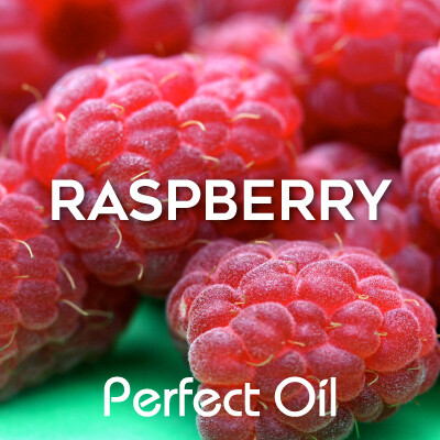 Picture showing a pile of ripe raspberries on a mint green surface with the words raspberry and Perfect Oil in white on top of the image itself. 