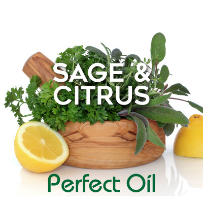 Picture showing a wooden bowl with a handle overflowing with sage sprigs, with half of a lemon with the cut side up on the left side outside the bowl and half of a lemon with the cut side down on the right side with the words sage &amp; citrus in white and Perfect Oil in green on top of the image itself. 