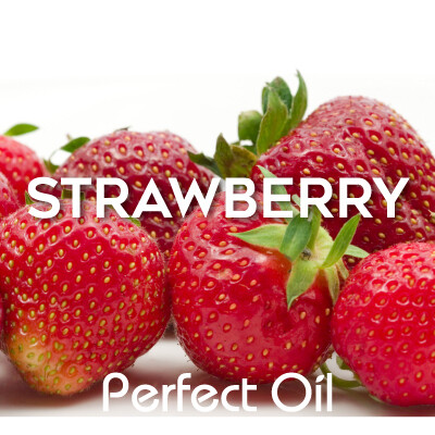 Picture showing six strawberries, some with the leaves still attached, with the words strawberry and Perfect Oil in white on top of the image itself. 