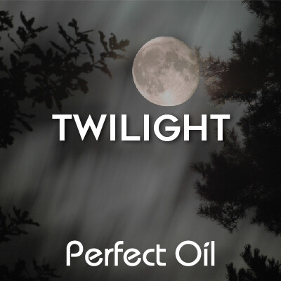 Picture showing a view of a full moon through some trees on a moonlit night with the words twilight and Perfect Oil in white on top of the image itself. 